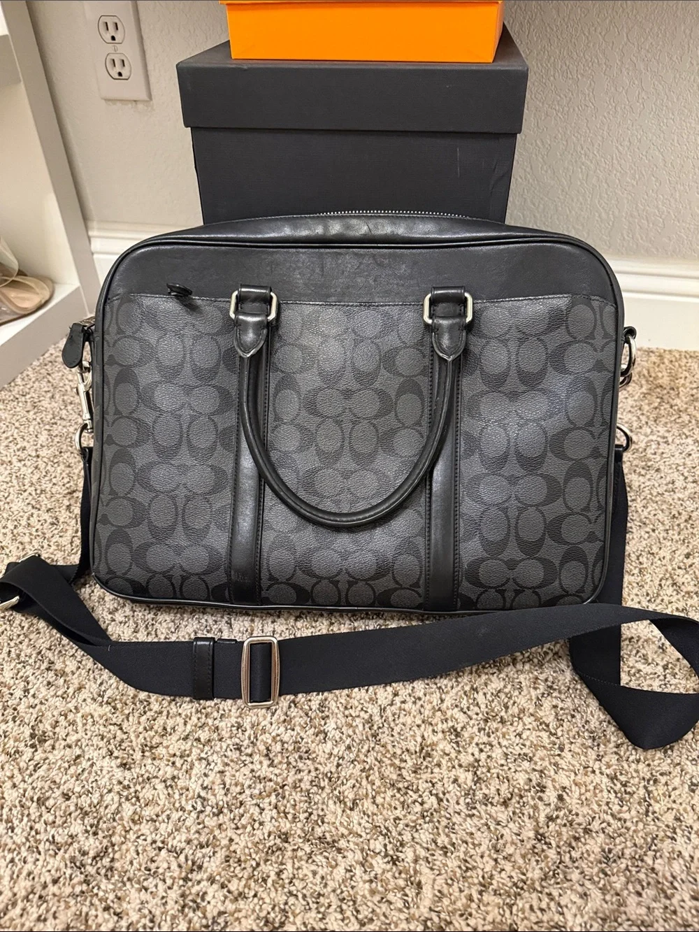 Coach Men's Charcoal/Black Signature Brief with Shoulder Strap